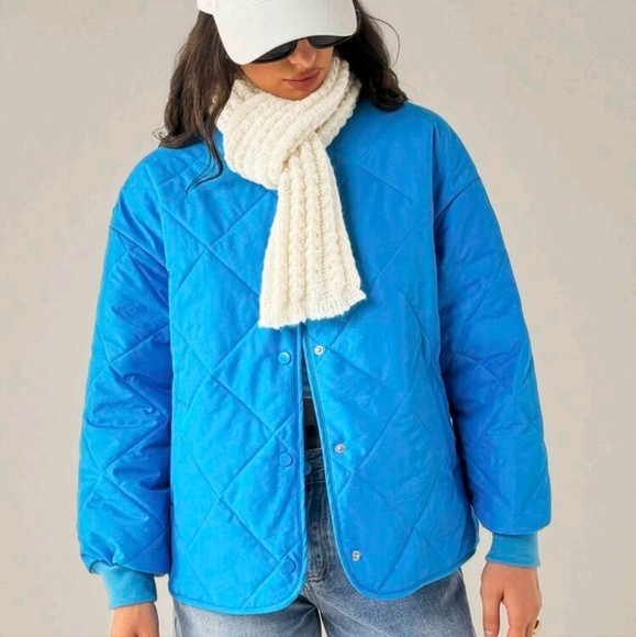 Winter Peacock Blue Quilted Casual Warm Padded Long Sleeve Jacket - Picture 4 of 5